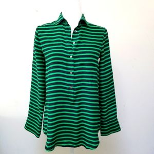 J. Crew Green and Navy Striped 100% Silk Blouse Size 0